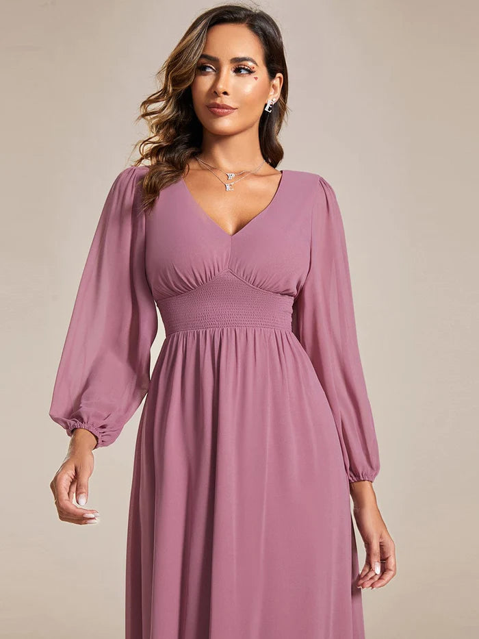 Chiffon V-Neck Long Sleeves  Band Midi Wedding Guest Dress